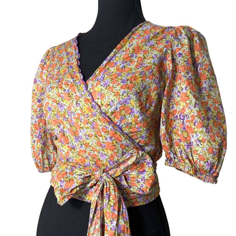 FRNCH Paris‎ Wrap Top Floral Puffed Sleeve Crop Small, Coquette Parisian Cottage